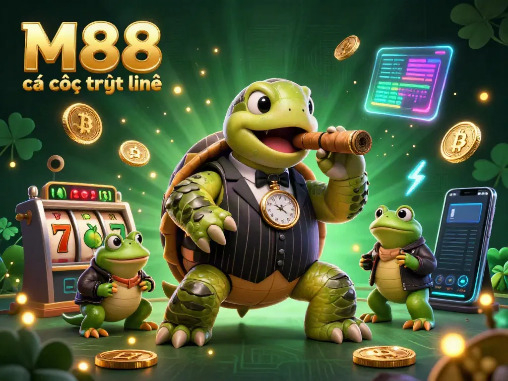 Hình ảnh mô tả M88 cá cược trực tuyến với rùa lớn trong bộ đồ pinstripe, chơi game slot với những đồng tiền tiền điện tử.