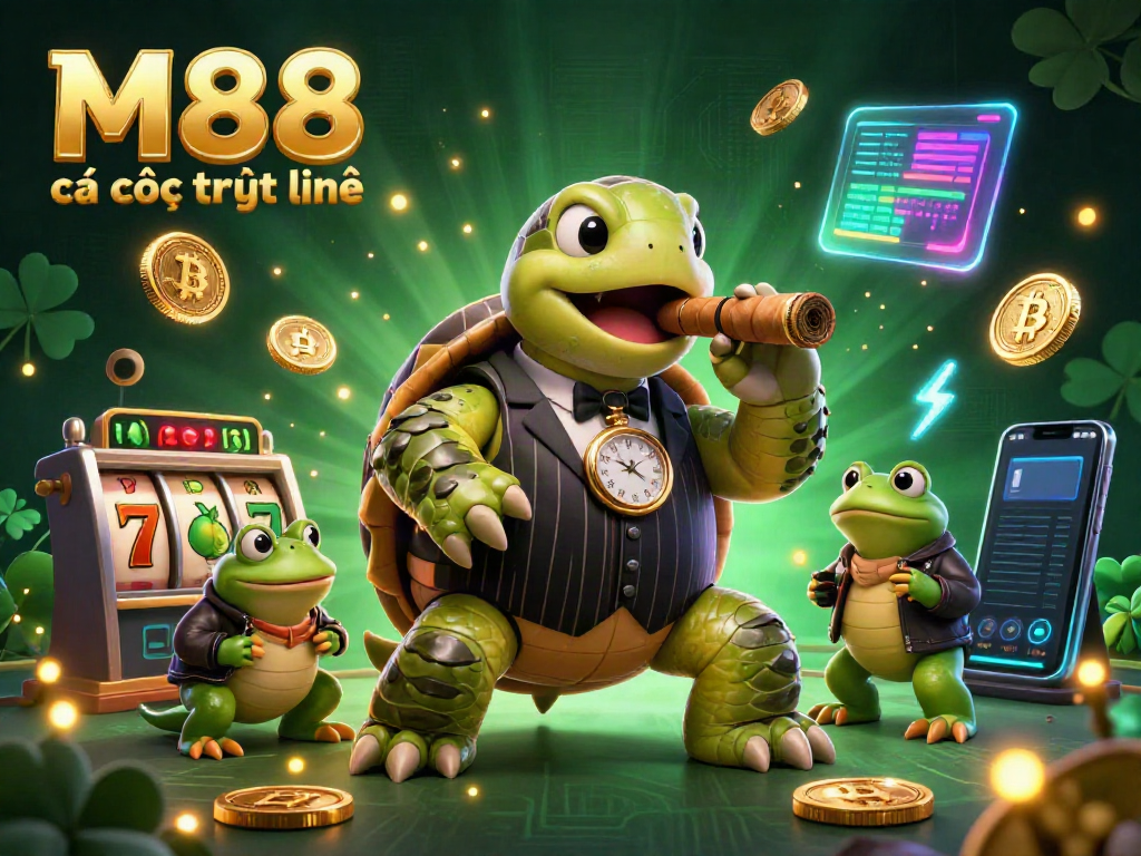 Hình ảnh mô tả M88 cá cược trực tuyến với rùa lớn trong bộ đồ pinstripe, chơi game slot với những đồng tiền tiền điện tử.