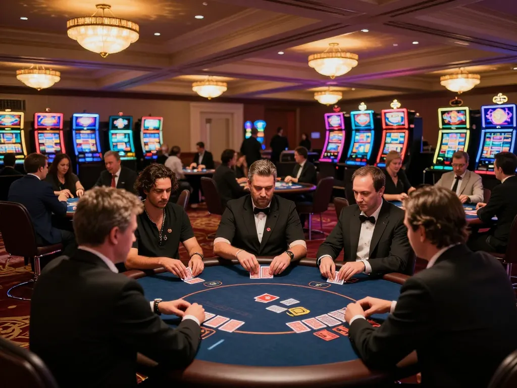 Players engaging in strategic poker at 58wiin casino, enjoying a luxurious atmosphere.