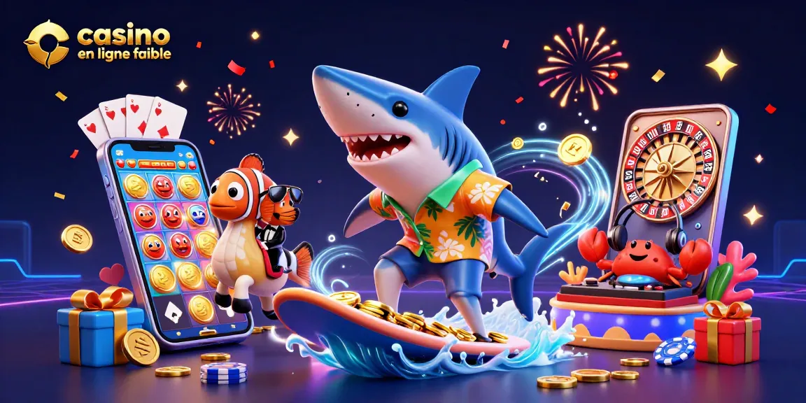 Jouer sur un casino en ligne fiable avec un requin et des personnages amusants entourés de jeux et de pièces d'or.