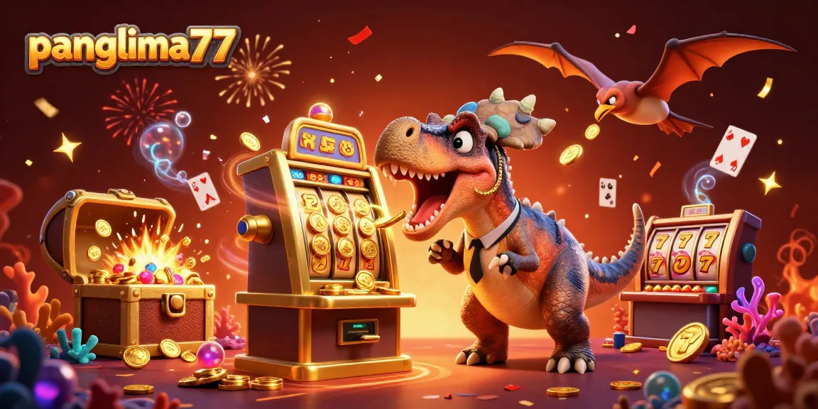 Experience thrilling gameplay at panglima77 as a pachycephalosaurus interacts with a jackpot slot machine amidst flying coins.