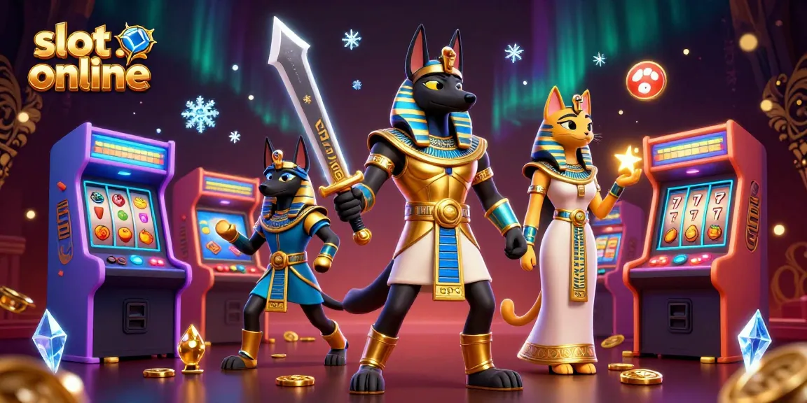 Slot online dengan Anubis dan Bastet, menampilkan mesin slot dan simbol keberuntungan.