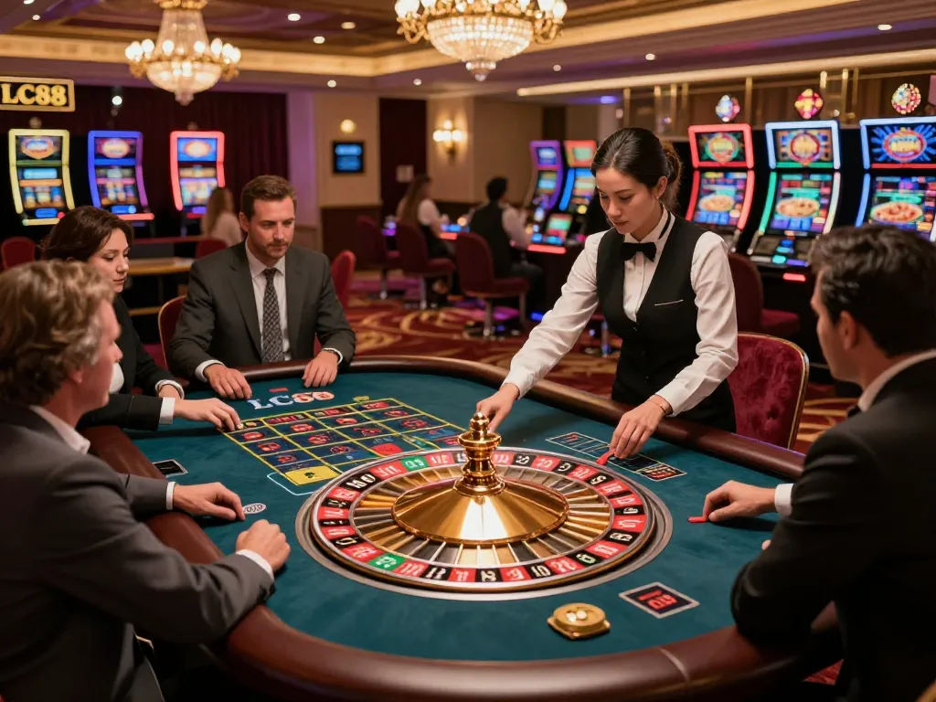 Players engaging in intense roulette betting at LC88, showcasing the exciting atmosphere of high-stakes gaming.