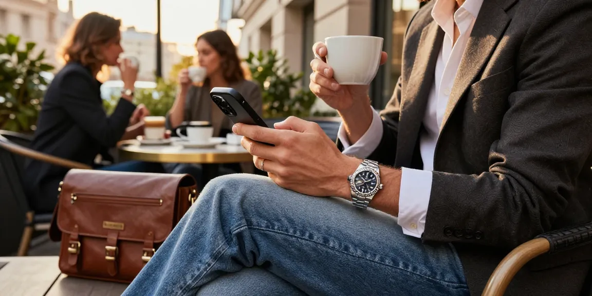 Stylish individual showcasing rolex super clone watches at a chic café, highlighting luxury lifestyle.