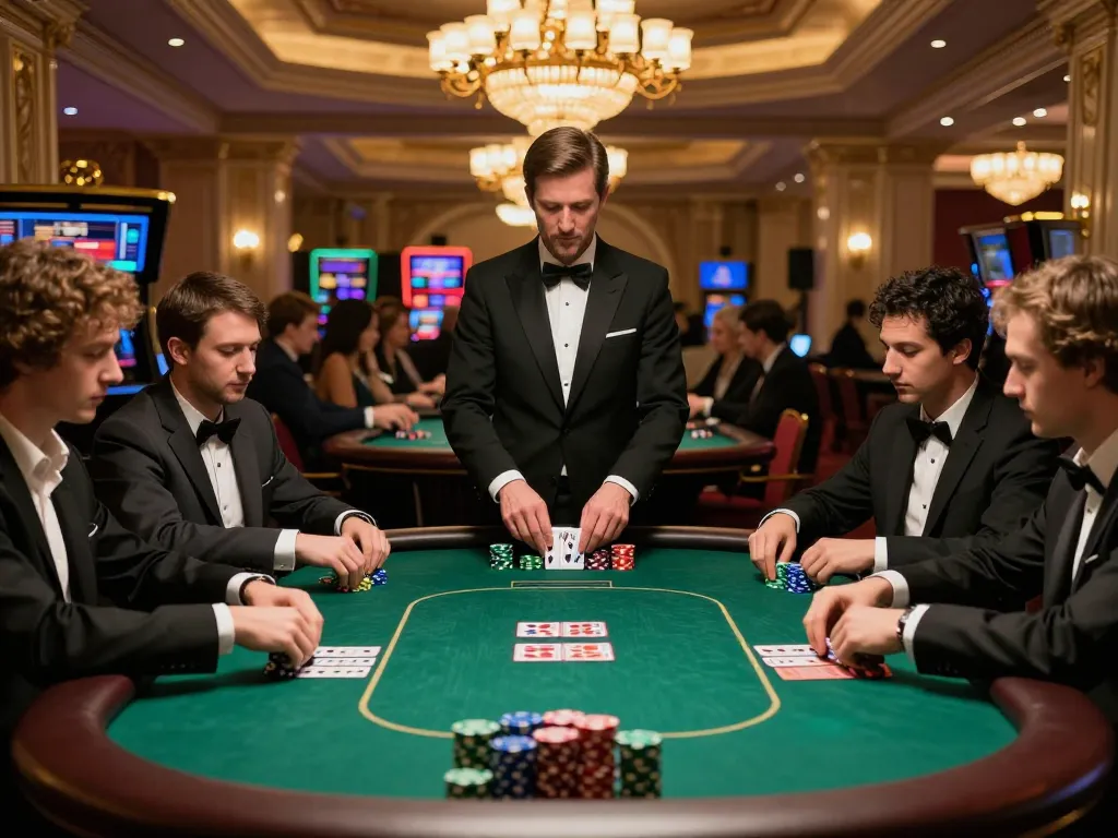 Players strategizing at a poker table during a V9BET high-stakes game in a luxurious casino