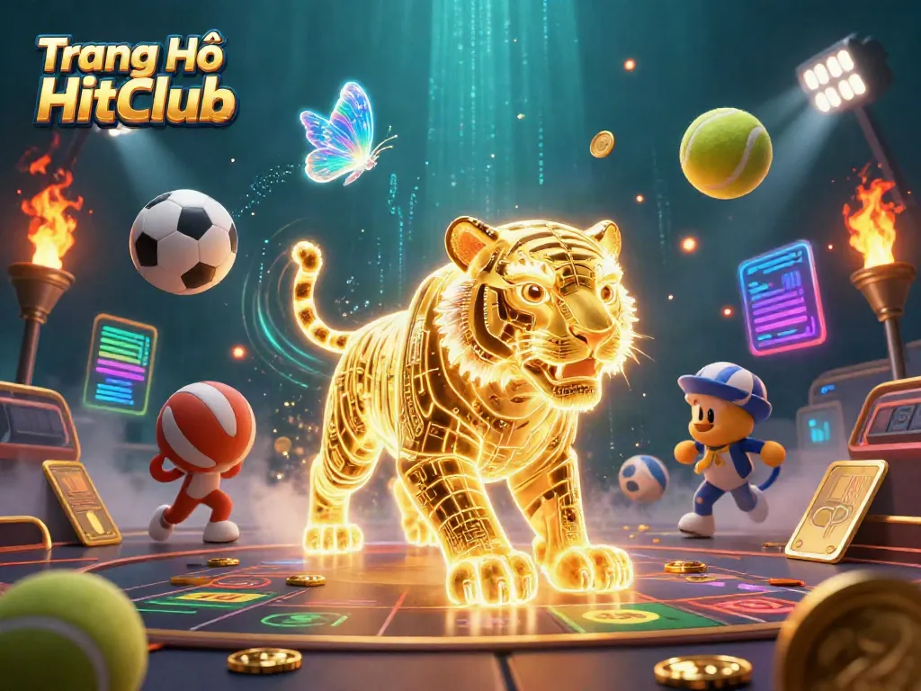 Engage with Trang Chủ HitClub in a vibrant 3D casino scene featuring a luminous tiger and dynamic sports elements.