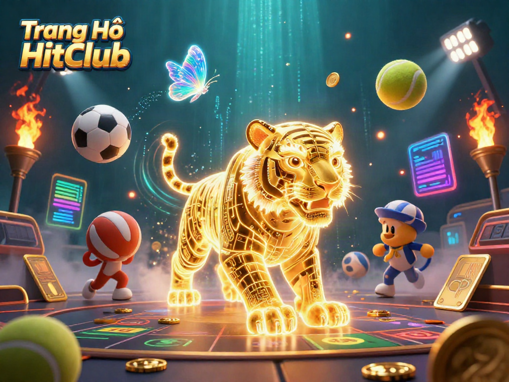 Engage with Trang Chủ HitClub in a vibrant 3D casino scene featuring a luminous tiger and dynamic sports elements.