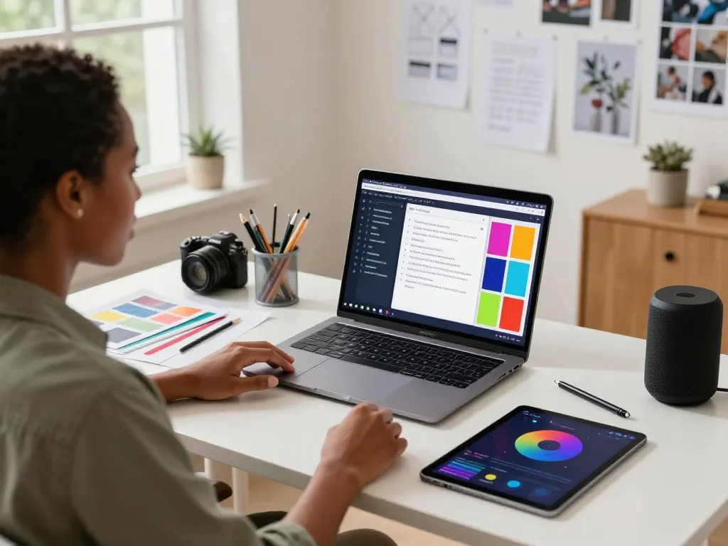 User utilizing an image to prompt ai generator in a modern workspace, displaying vibrant prompts on screen.