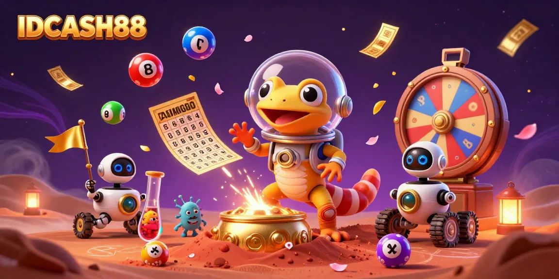 Experience the exciting world of IDCASH88 with a vibrant 3D Martian scene celebrating gambling winnings.