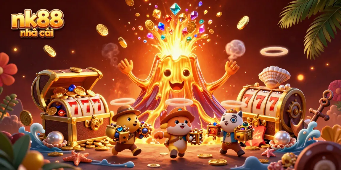 Engage with nk88 nhà cái as a volcano erupts treasures, showcasing thrilling gaming opportunities.