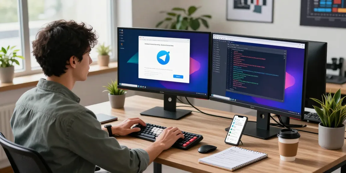 Developer using the telegram chinese telegram app in a modern office.