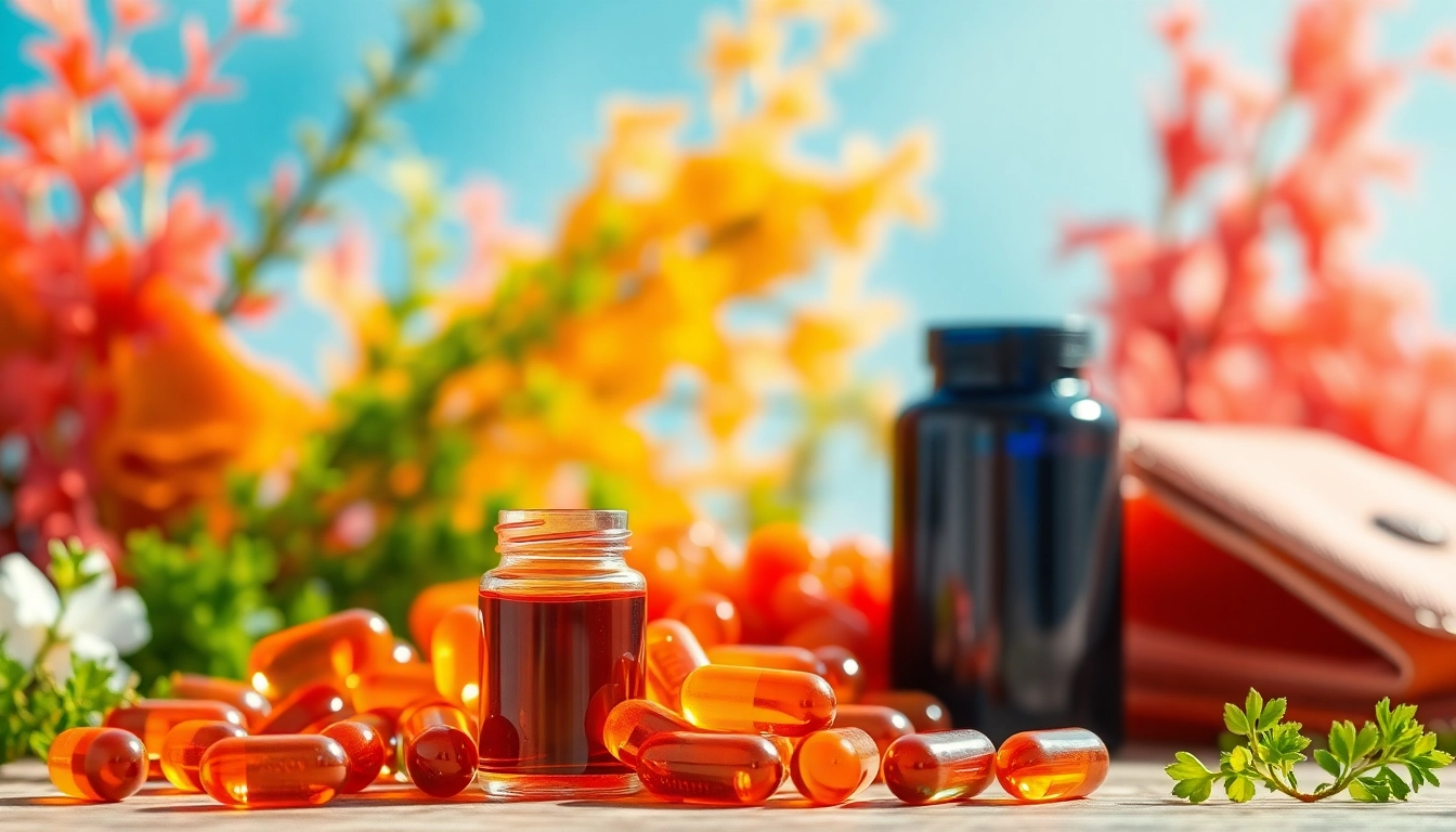 Showcase of astaxanthin for inflammation through bright seafood and supplement capsules in a natural setting.