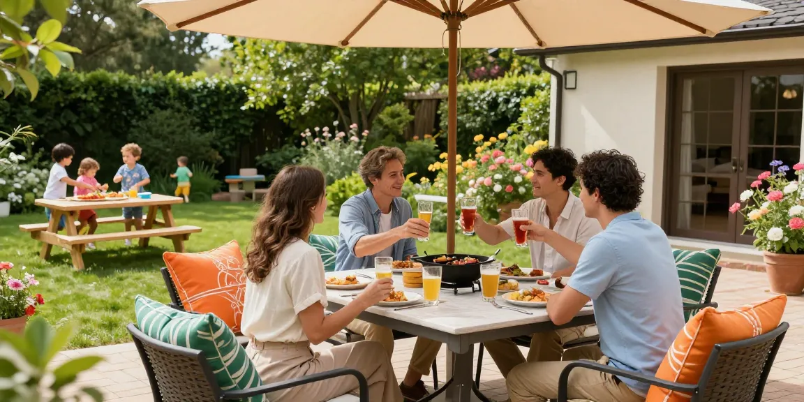 Gathering around garden patio furniture set during sunny summer day, featuring vibrant colors and inviting atmosphere.