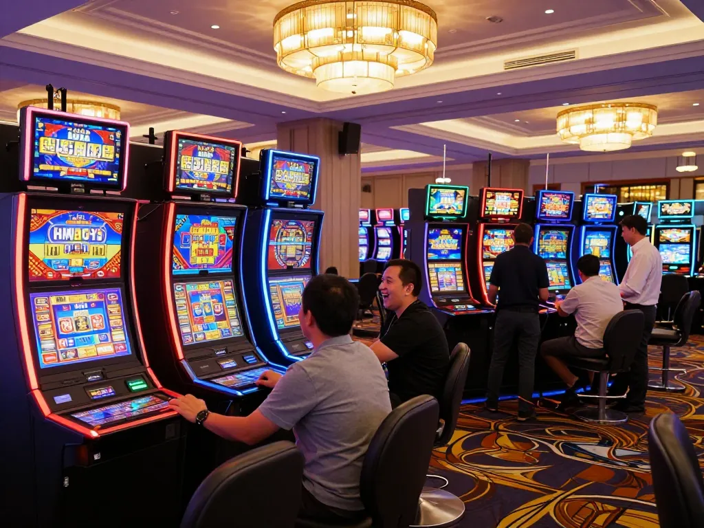 Rokok 88 players immersed in exciting slot machines, vibrant casino gaming atmosphere.