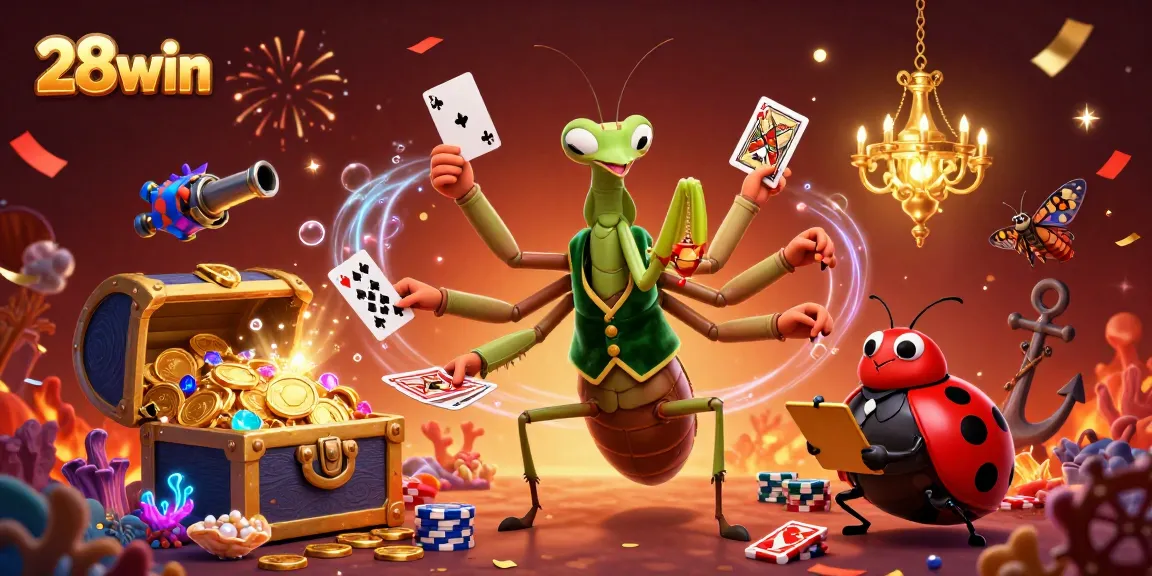 Experience 28win's vibrant gambling world with a dynamic scene of characters and casino elements.