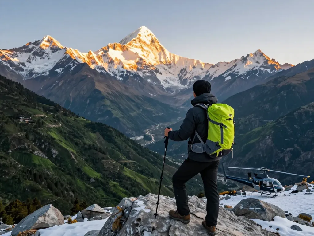 Stunning Everest Base Camp Trek with Helicopter Return at sunrise, capturing the adventurer's view over snow-capped peaks.