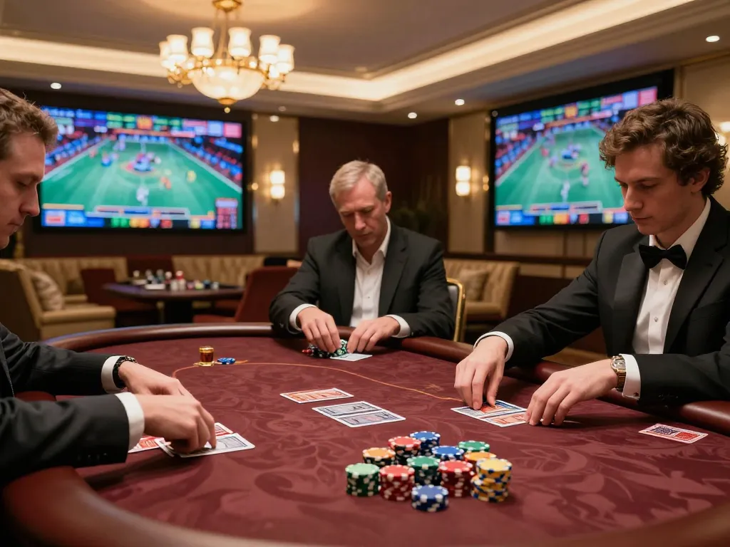 High-stakes poker game in an elegant casino VIP room featuring iWin players focused on strategy