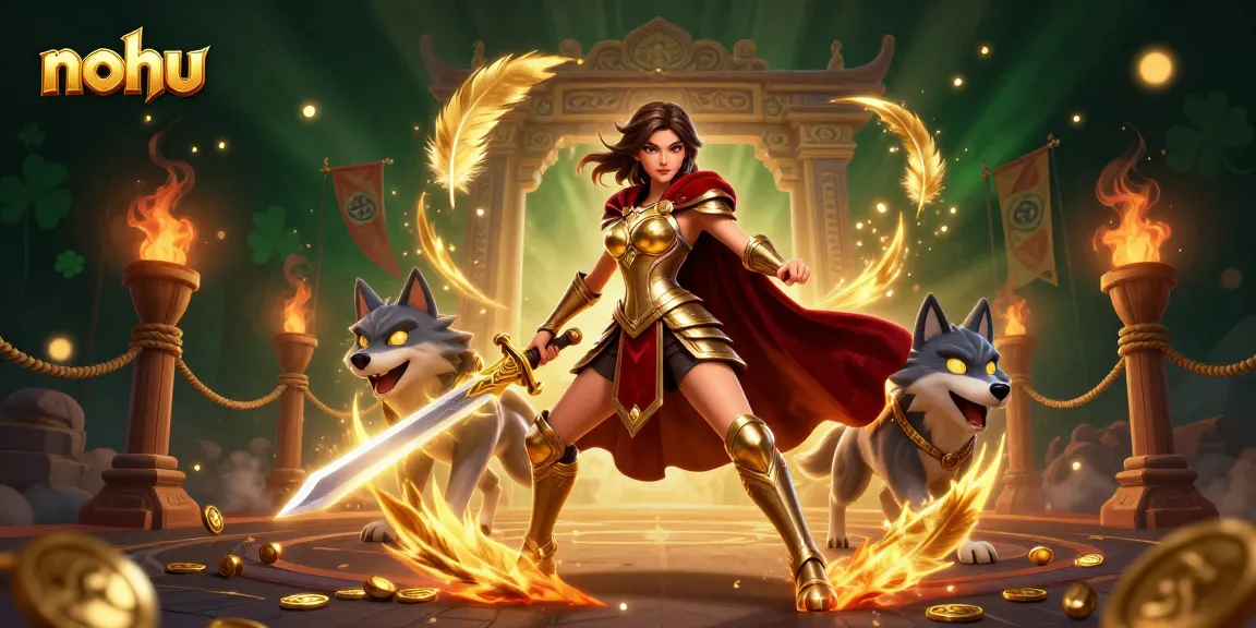 Nohu enhances jackpots with vibrant casino energy, featuring a warrior queen and winning symbols.