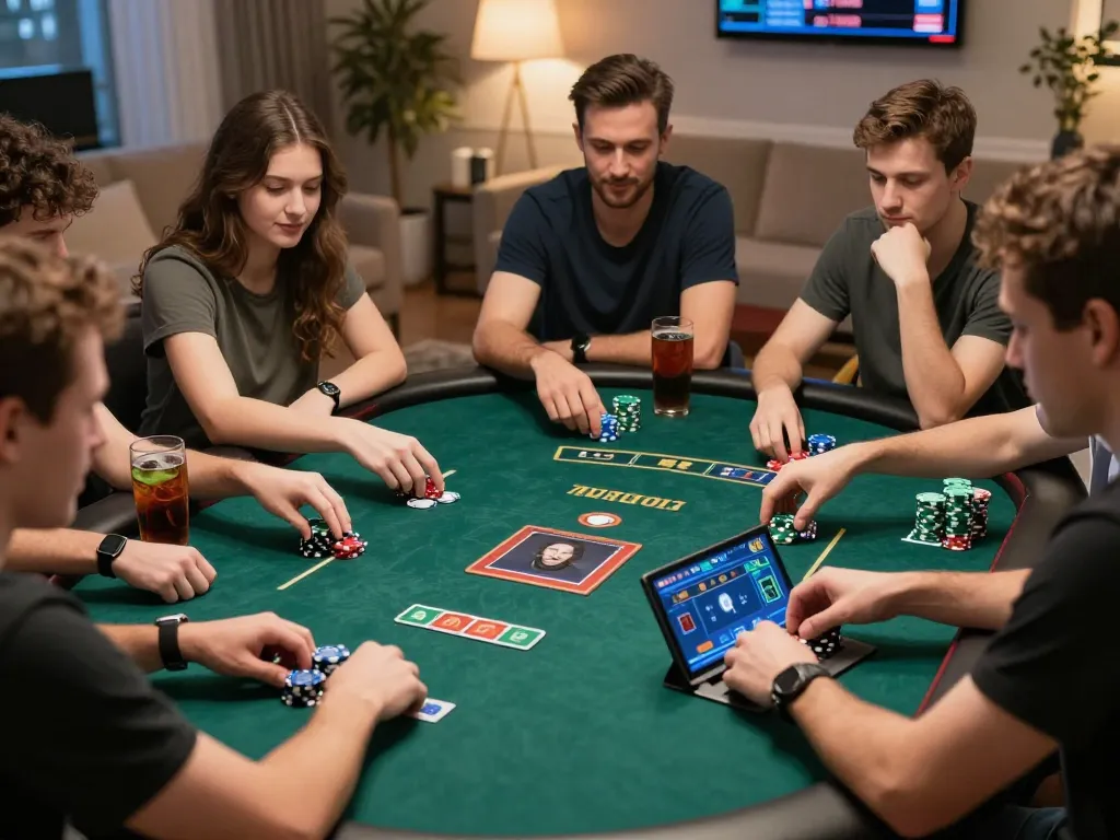 Dynamic online poker game with players engaged in Texas Hold'em excitement.