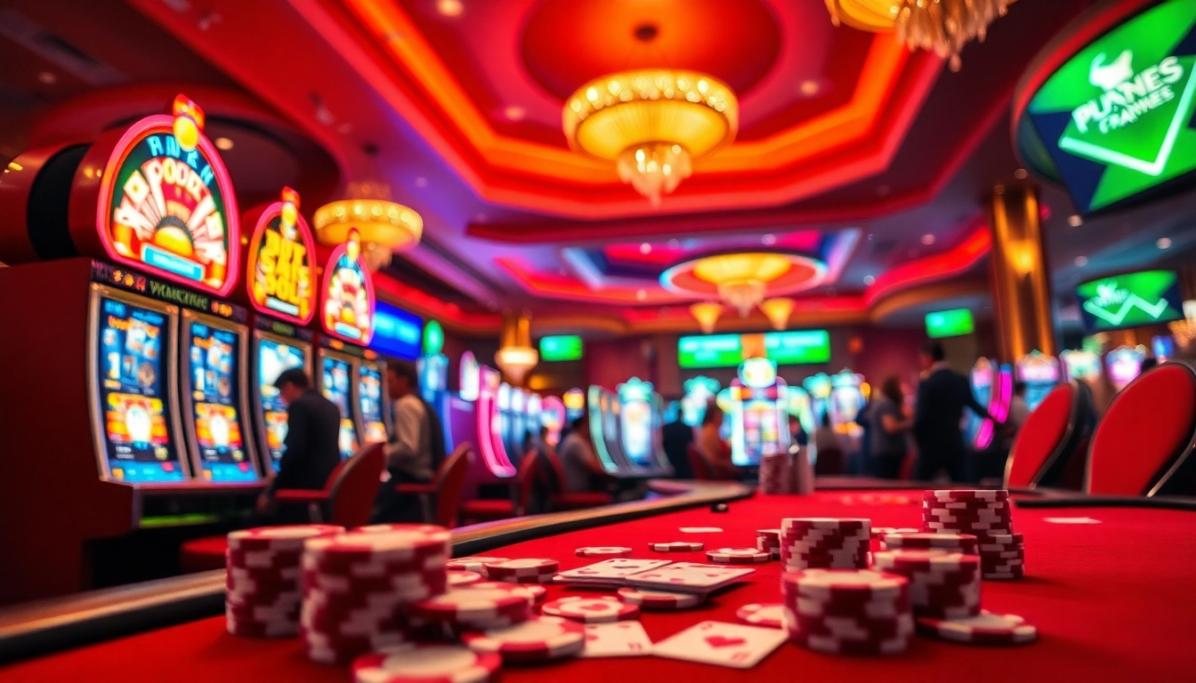Permainan kasino bbni4d yang penuh warna dengan mesin slot dan meja poker ramai.