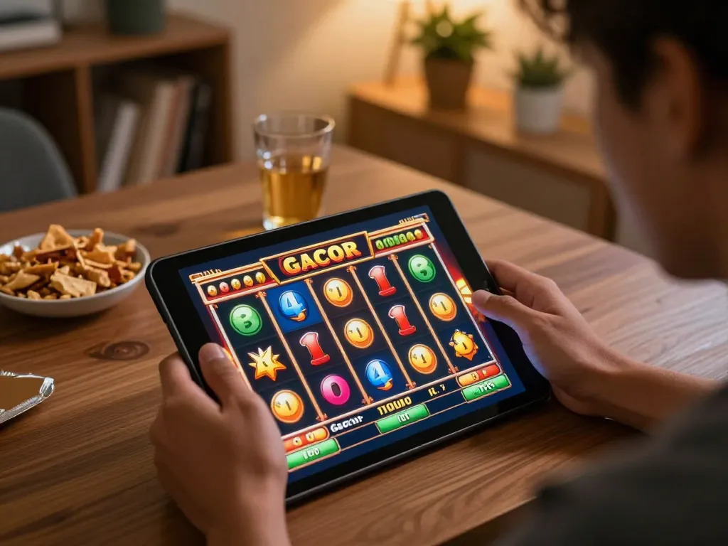Player celebrating a win while engaging on the link gacor slot game with vibrant graphics and joyful atmosphere
