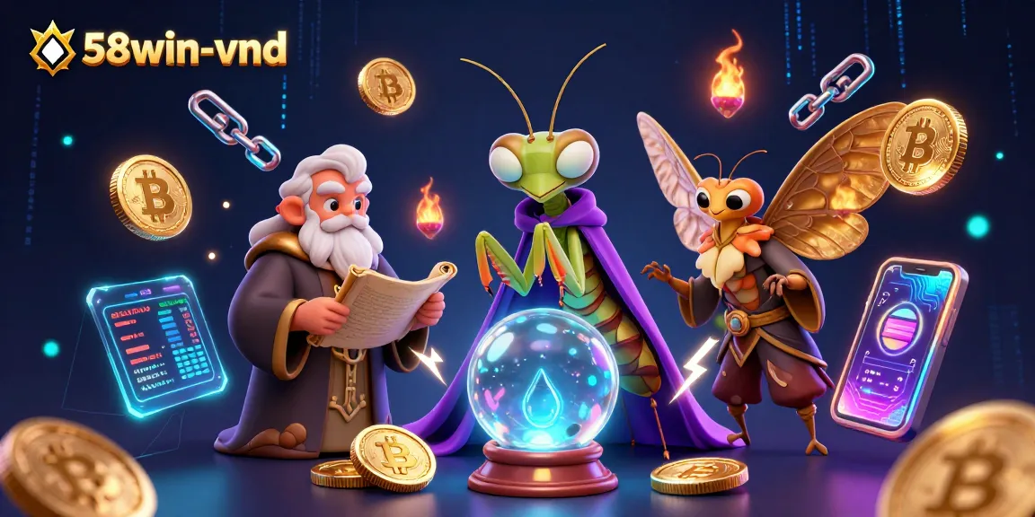 Engage with 58win-vnd through a vibrant 3D casino scene filled with mystical fortune tellers and cryptocurrency elements.