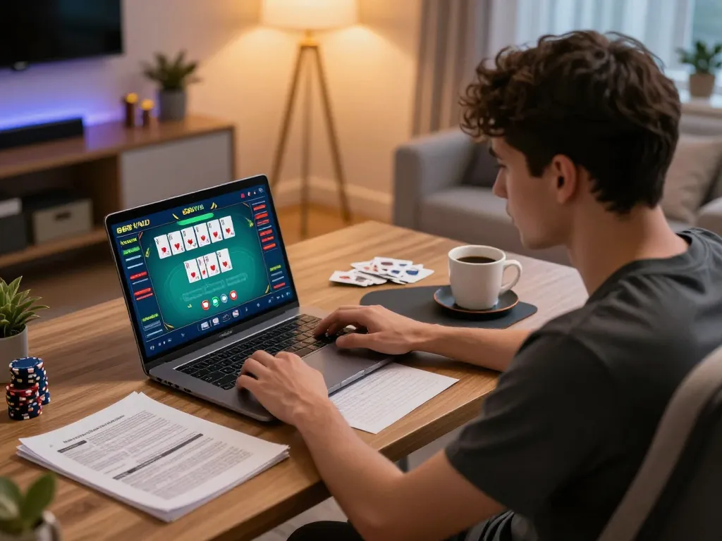 Engaging gameplay at home using 888vnd app with poker cards and strategy notes
