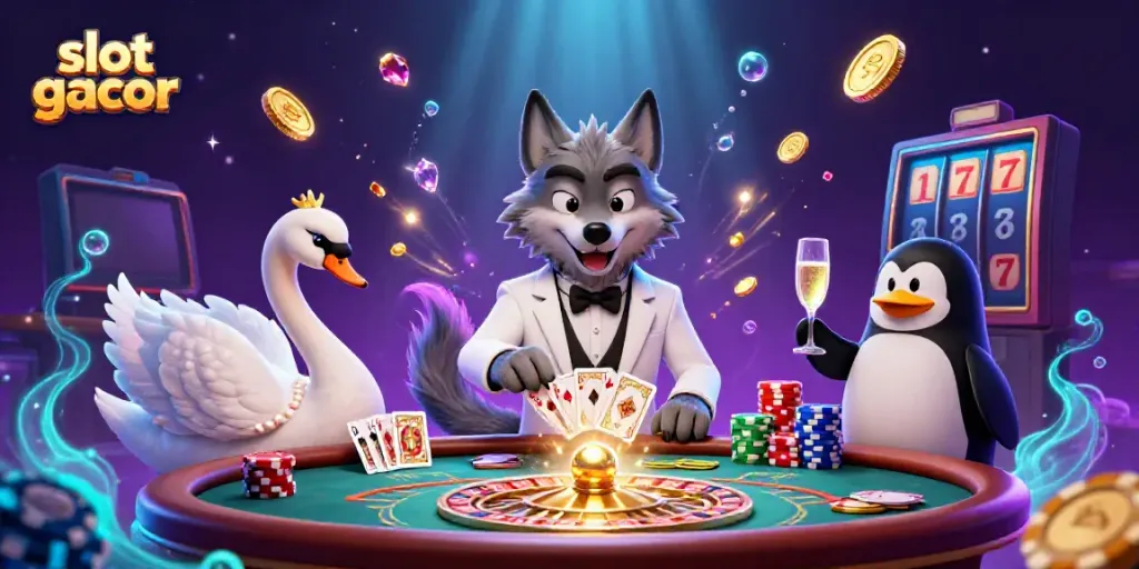 Experience the excitement of slot gacor with a vibrant 3D casino scene featuring a debonair wolf and elegant characters.
