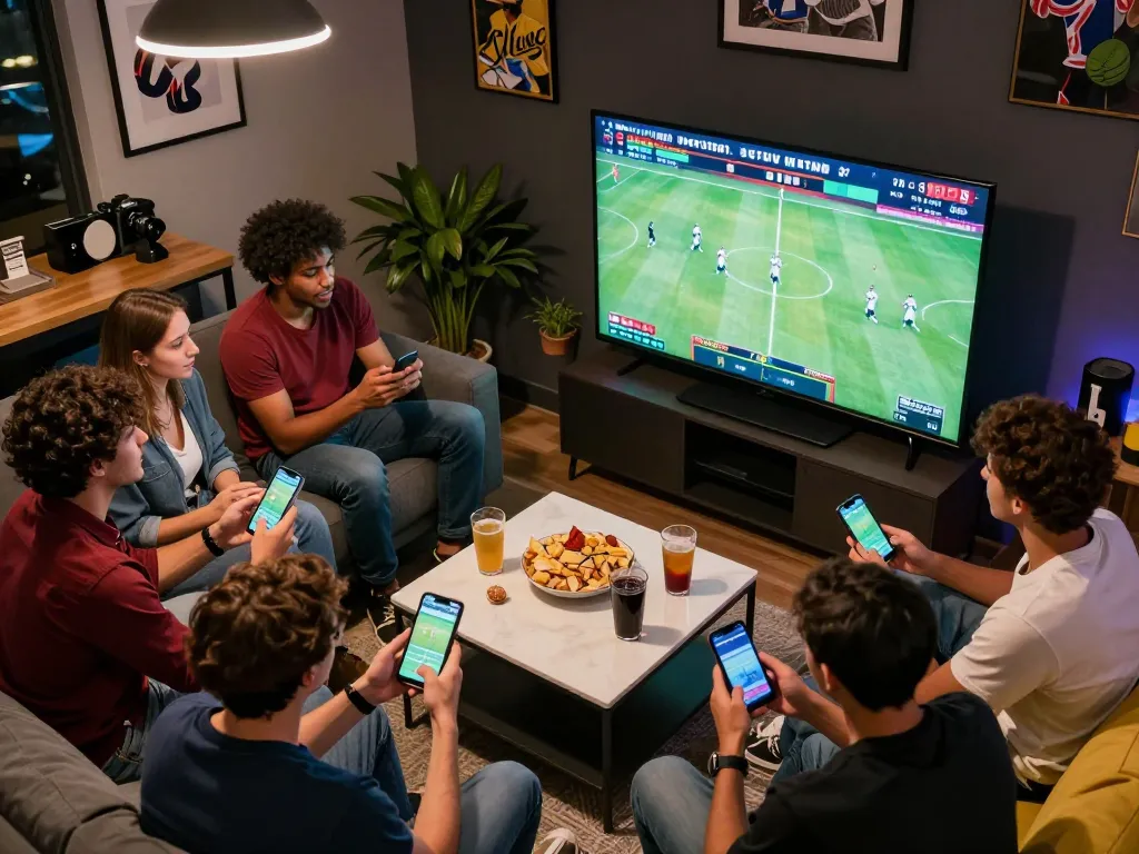 An exciting moment with friends actively engaging in sports betting via smartphones, showcasing the dynamic atmosphere of bet bet.