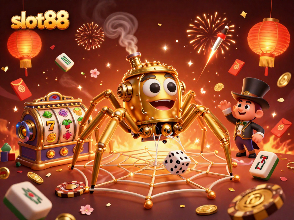 Experience the thrill of slot88 with a dynamic illustration featuring golden themes and gaming action.