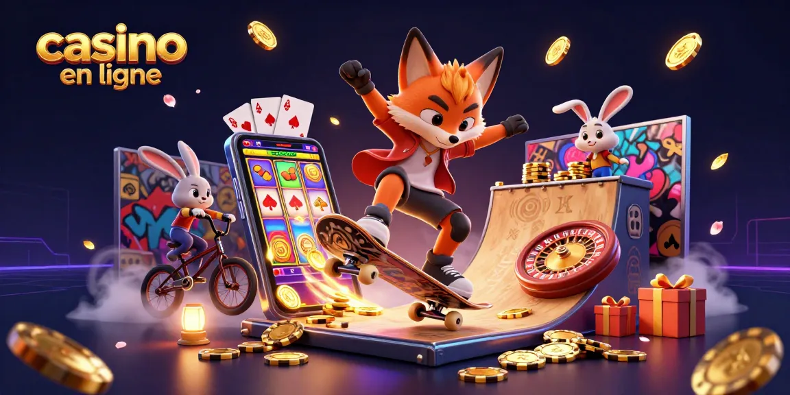Des jetons de casino en ligne s'envolant autour d'un renard faisant un kickflip, symbole ludique de jeu