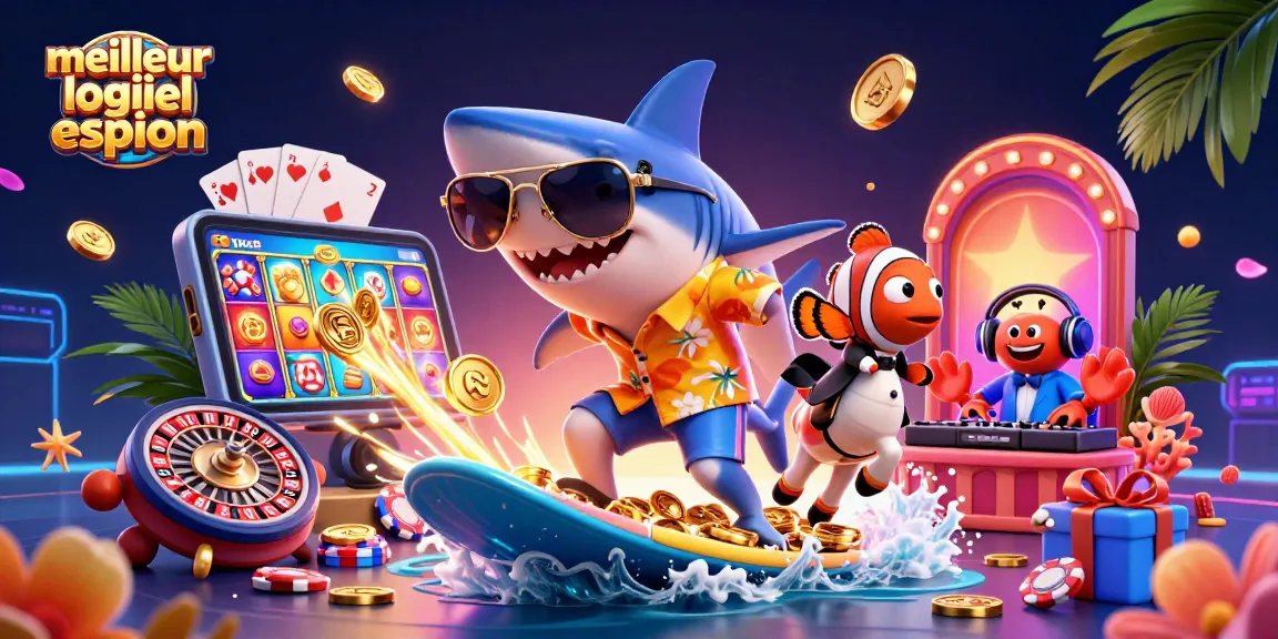 Attrapez le meilleur logiciel espion avec notre requin cartoon surfant sur des pièces d'or !