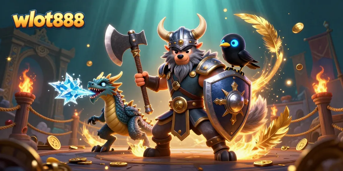 Memperkenalkan wslot888 dengan gambar 3D kartun Viking dan naga bersinar, siap menang.