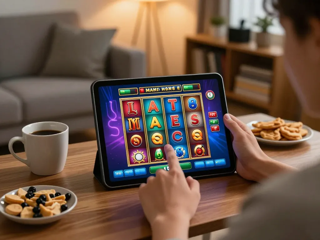 Player enjoying situs slot gacor on a tablet in a cozy home setting, highlighting engaging gameplay.