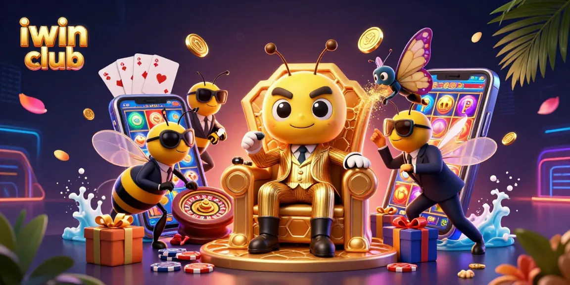 Engage with iwin club's vibrant gaming universe, featuring a bumblebee mob boss strategizing in a lively casino scene.
