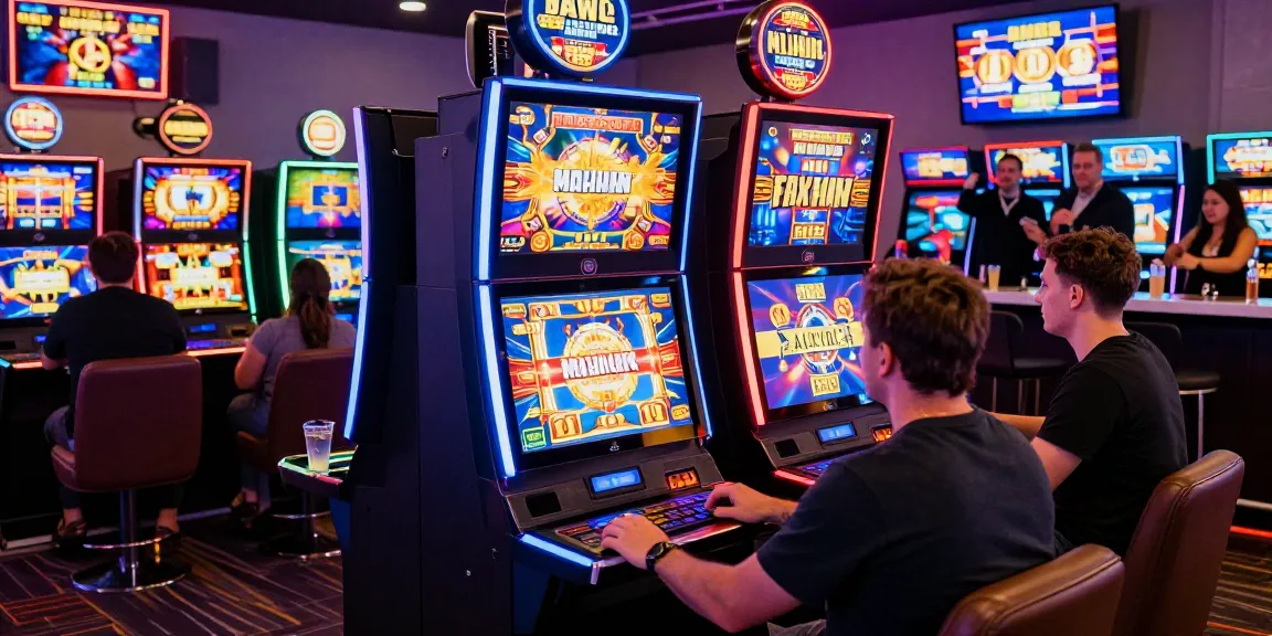 Dynamic casino gaming scene featuring players enjoying slot machines, showcasing excitement and vibrant atmosphere.