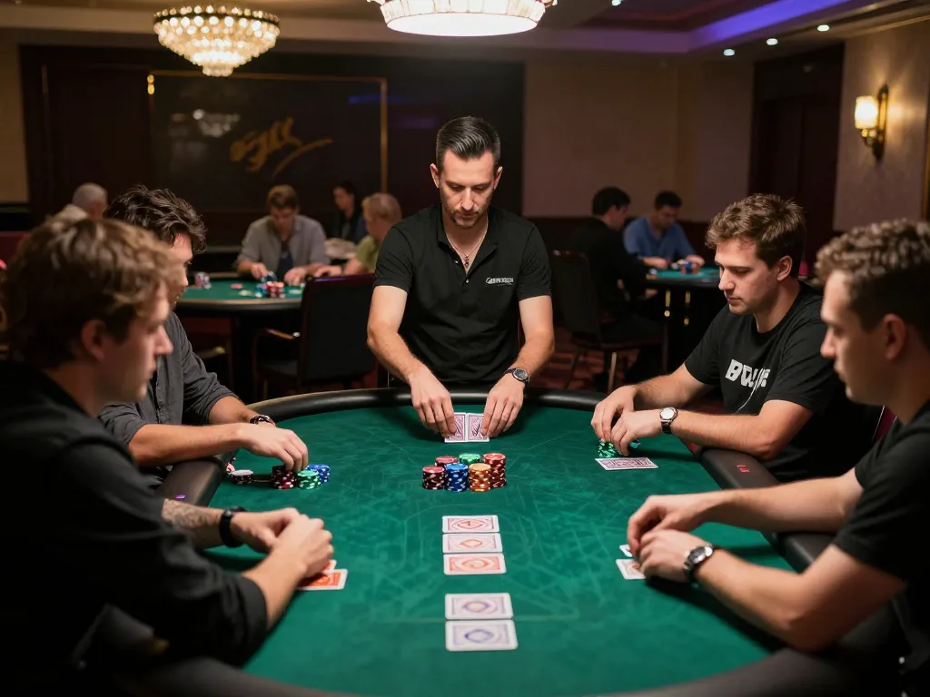 O8 casino players strategizing bets during intense poker game at elegantly illuminated table
