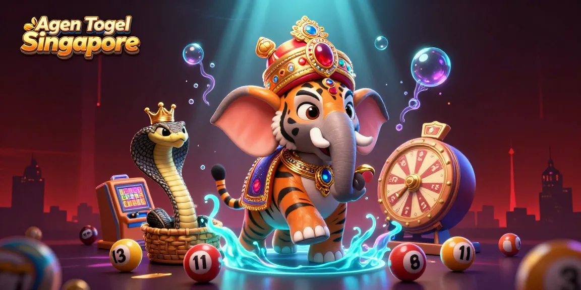 Agen Togel Singapore lottery draw scene featuring a 3D maharaja tiger, elephant, and cobra amidst vibrant gambling elements.
