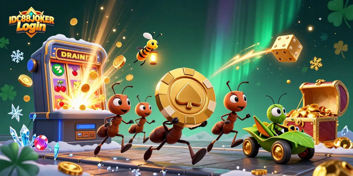 Engage with IDC88JOKER Login as cartoon ants execute a heist for a giant poker chip amidst a jackpot explosion.