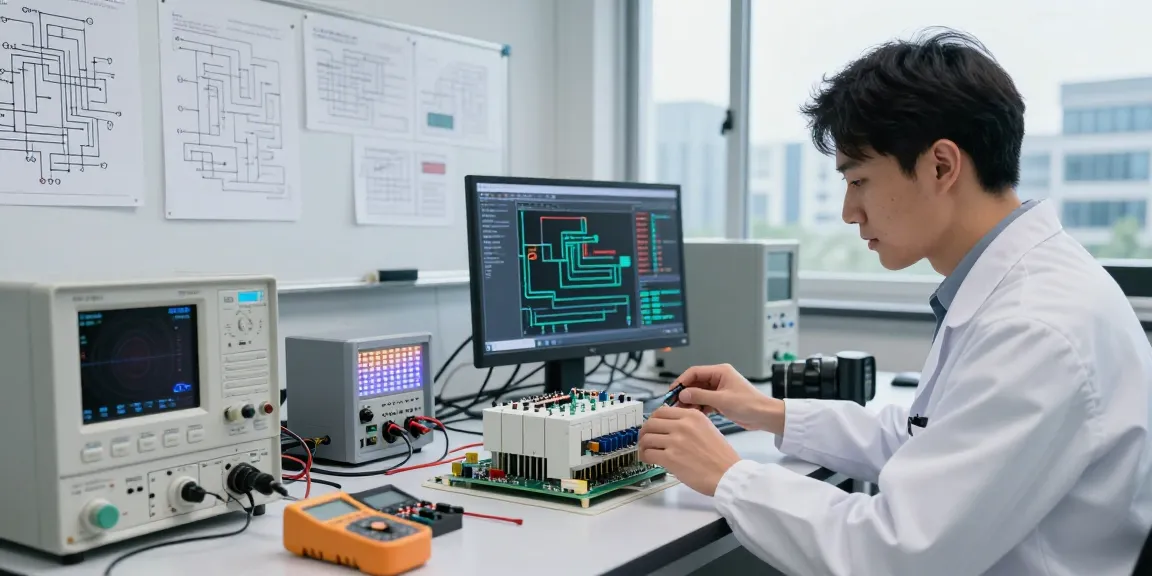 Engineer's hands examining a DC circuit breaker prototype in a high-tech lab setting.