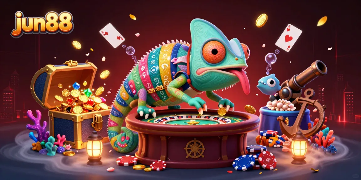 Experience the vibrant casino adventures at jun88 with an exciting chameleon character and dynamic gaming elements.