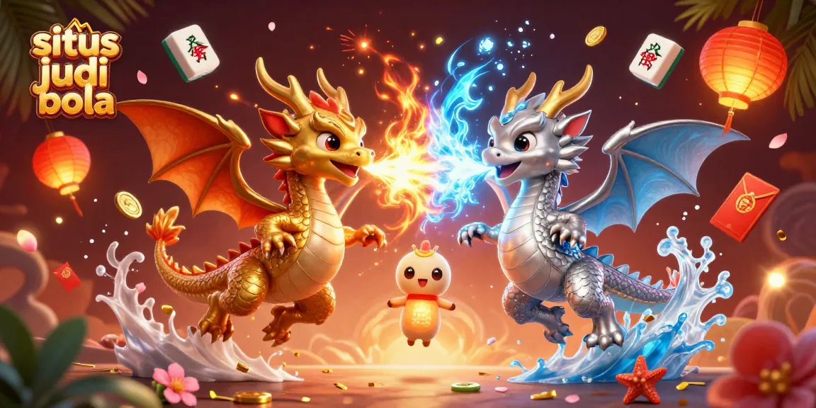 Engage with situs judi bola through an exciting 3D illustration of dynamic dragon battles amidst vibrant gaming elements.
