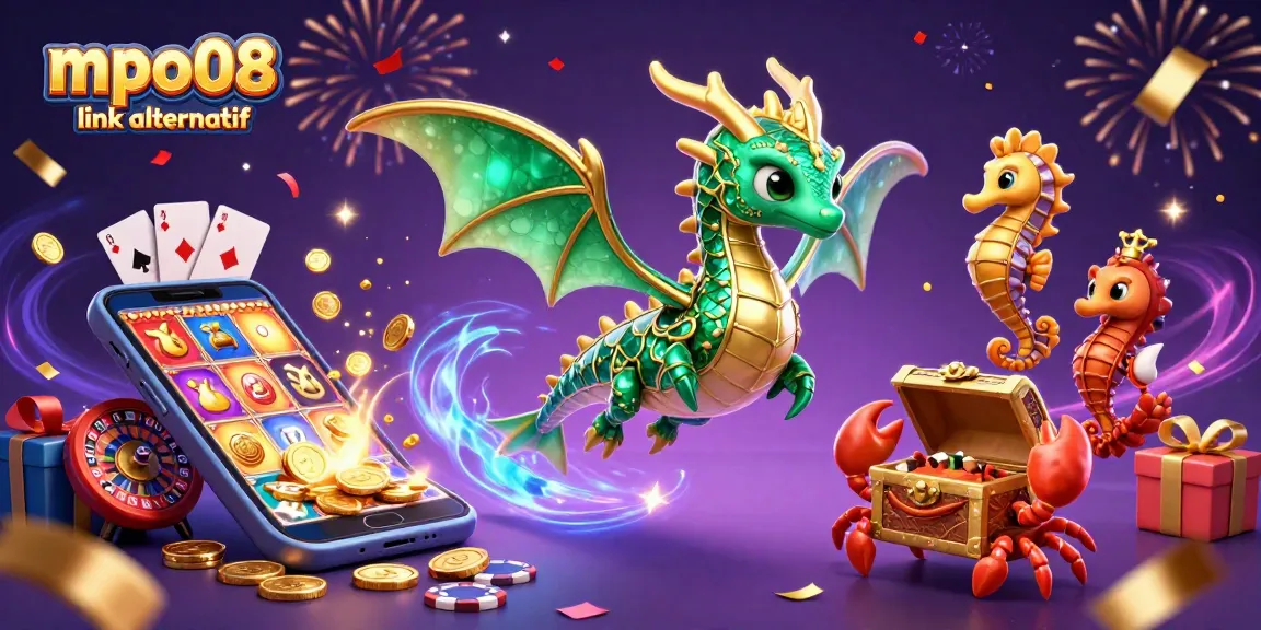 Experience the excitement with mpo08 link alternatif in a vibrant casino-themed 3D illustration.