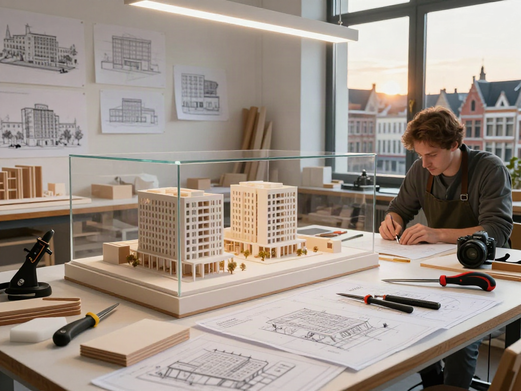 Architectural model maker Belgium crafting detailed models in a vibrant studio space.