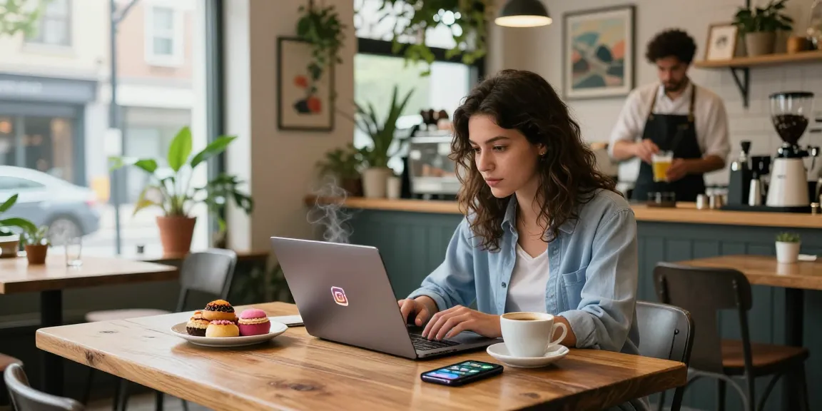 Purchasing followers at a trendy café while managing Instagram account with coffee.