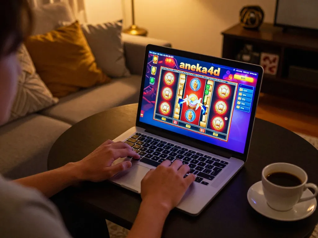 Pemain menikmati sesi mendebarkan di slot aneka4d dengan permainan yang hidup di laptop