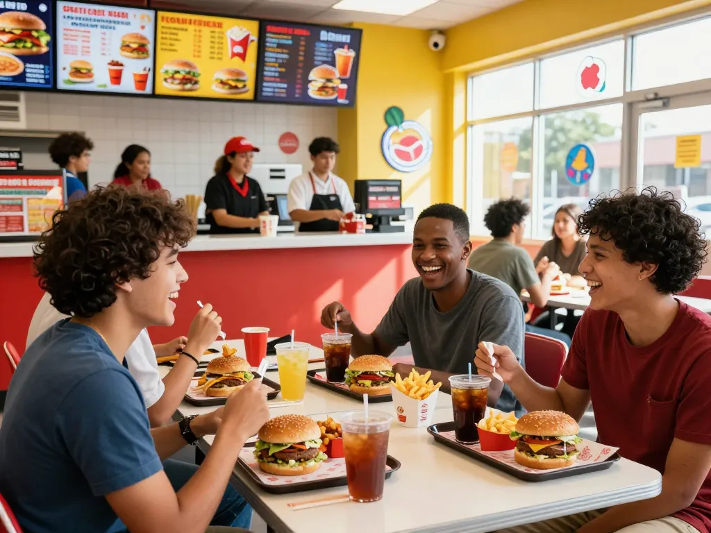 Group enjoying a vibrant fast food menu with burgers and fries in a lively restaurant