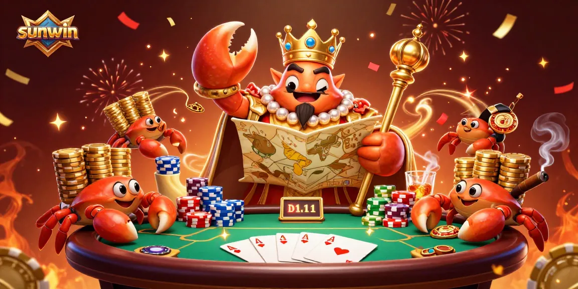 sunwin showcases a dynamic casino scene with a golden crab emperor and poker elements embodying exciting gaming energy