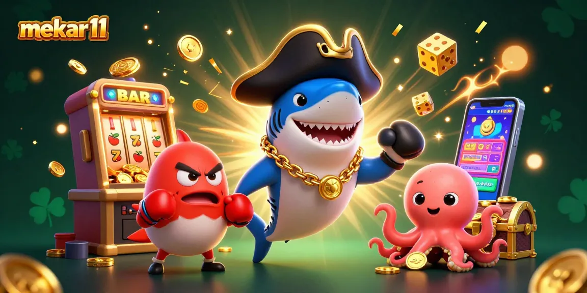 Mekar11 slots feature a captivating scene with a pirate shark, pufferfish boxer, and an octopus sharing gold coins.