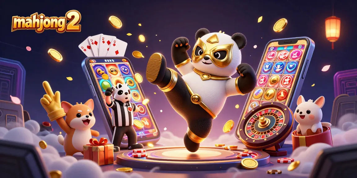 Engage with mahjong 2 as a panda wrestler kicks, surrounded by colorful slot gaming elements.